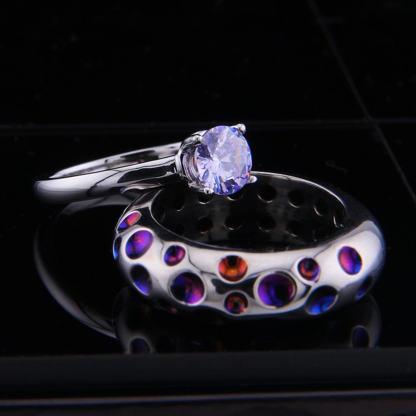 Titanium ring with a classic design decorated with violet cubic zirconia, Handmade Jewellery gift, Unique jewellery