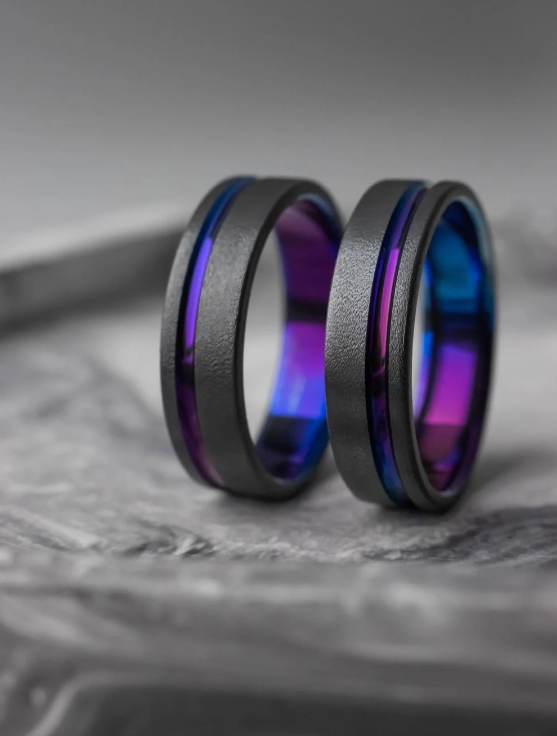 Black titanium ring with a blue purple gradient Titanium Wedding Ring men Wedding titanium band Handmade jewelry gift