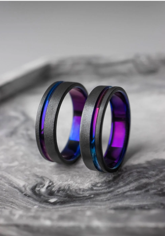 Black titanium ring with a blue purple gradient Titanium Wedding Ring men Wedding titanium band Handmade jewelry gift