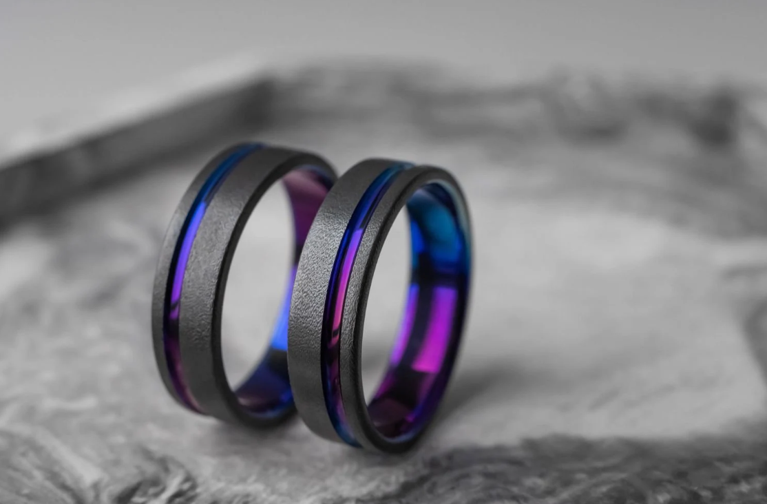 Black titanium ring with a blue purple gradient Titanium Wedding Ring men Wedding titanium band Handmade jewelry gift