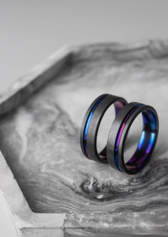 Black titanium ring with a blue purple gradient Titanium Wedding Ring men Wedding titanium band Handmade jewelry gift