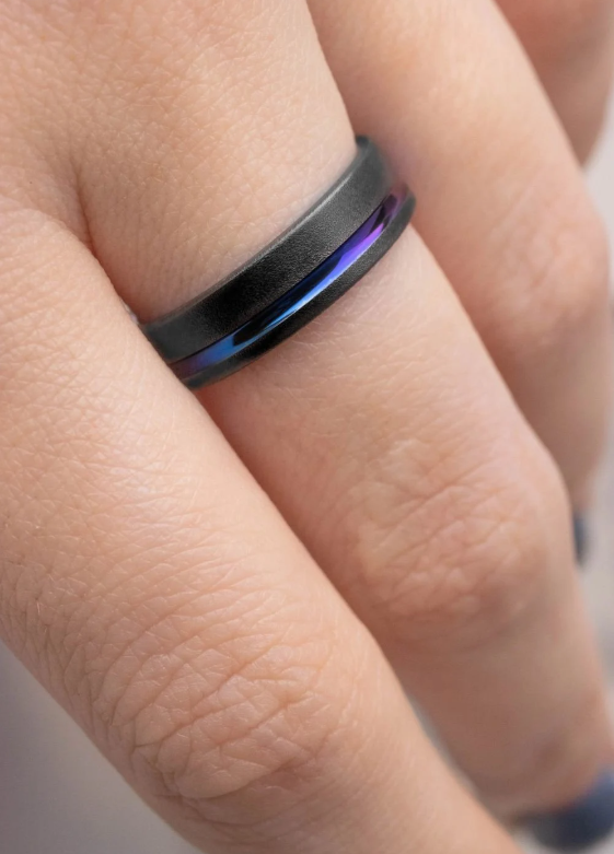 Black titanium ring with a blue purple gradient Titanium Wedding Ring men Wedding titanium band Handmade jewelry gift